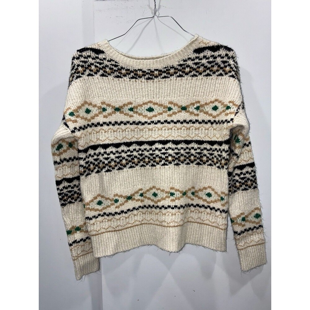 Vintage Acrylic Neutral Fair Isle Sweater Small Cream Nordic Coastal Cabin Knit